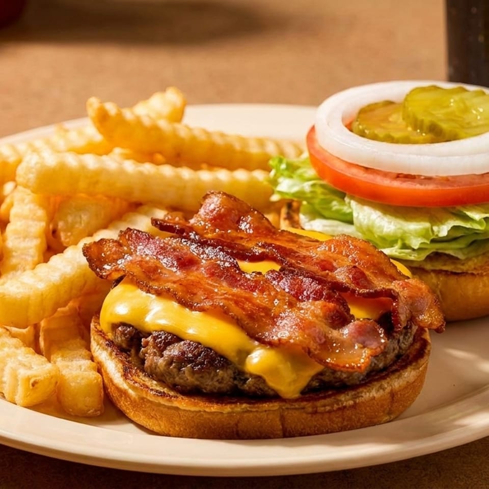 Crinkle-cut fries, a bacon cheeseburger, and an open burger with lettuce, tomato, onion, and pickles.