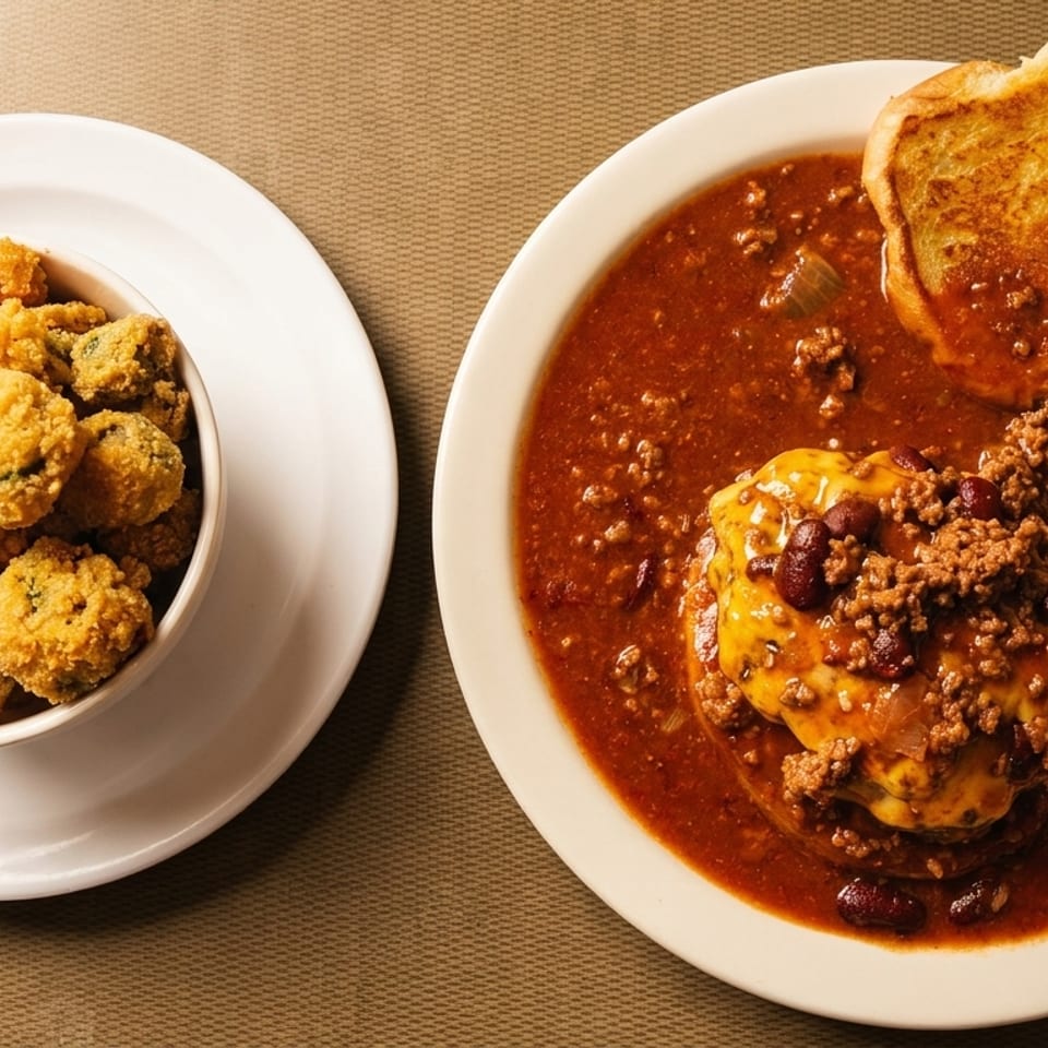 Bowl of fried okra next to a plate of chili with cheese, ground beef, and a grilled cheese sandwich.