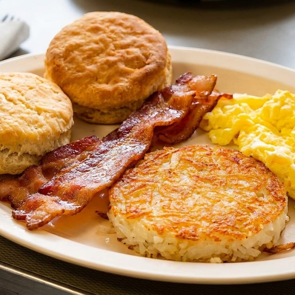 Delicious breakfast plate featuring biscuits, crispy bacon, fluffy scrambled eggs, and a golden hash brown.