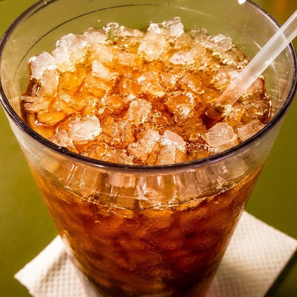 A glass of iced soda with a straw on a green table.