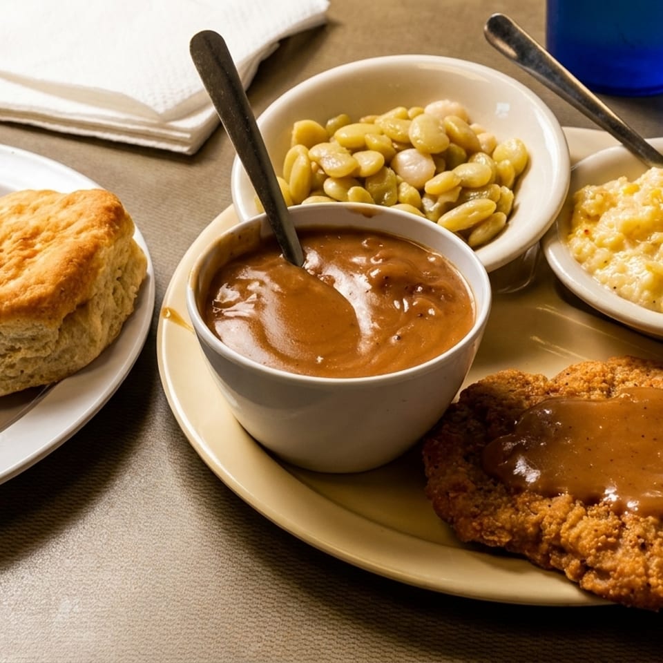 Southern comfort food: fried chicken steak with gravy, lima beans, creamed corn, biscuit, and cornbread.