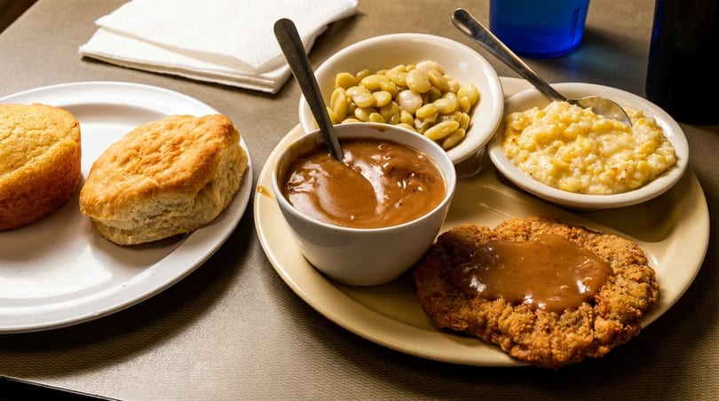 Southern comfort food: fried chicken steak with gravy, lima beans, creamed corn, biscuit, and cornbread.