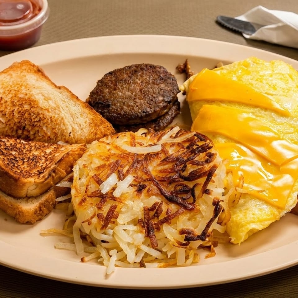 Hearty breakfast plate with cheese omelet, hash browns, toast, sausage patty, and diced ham.